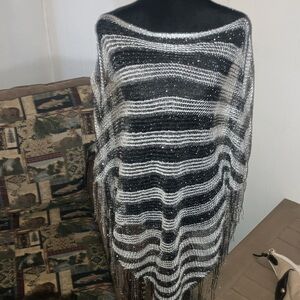 Black and White Striped Poncho with Fringe